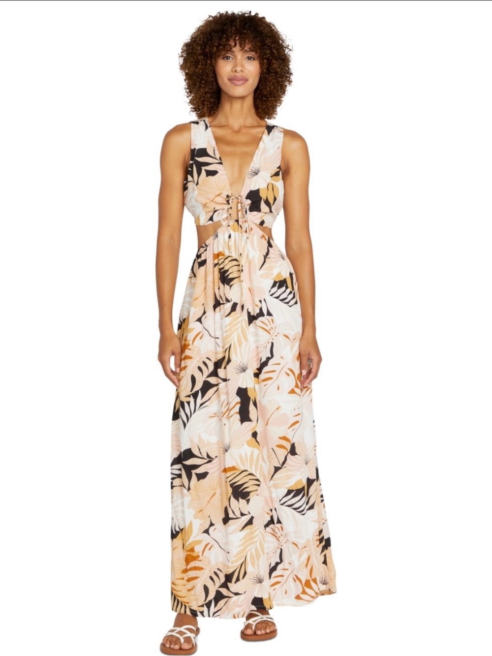 NWT Volcom Peach and Black Tropical Leaf Cutout Maxi Dress